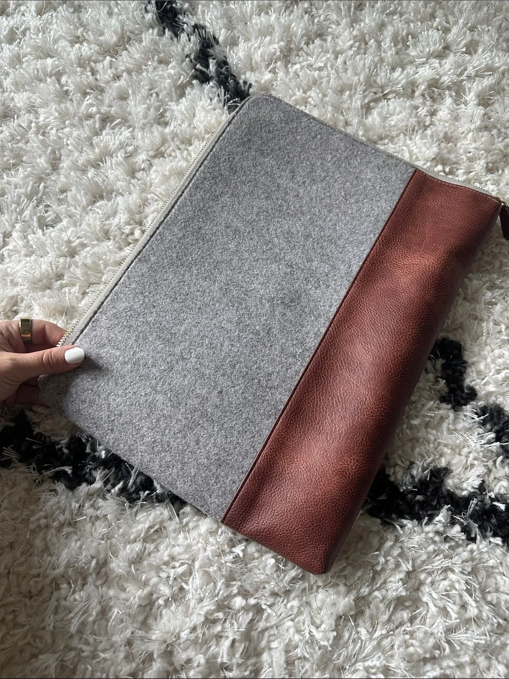 Lap Top & Document Holder Brown Leather & Gray Felt Zip Portfolio
